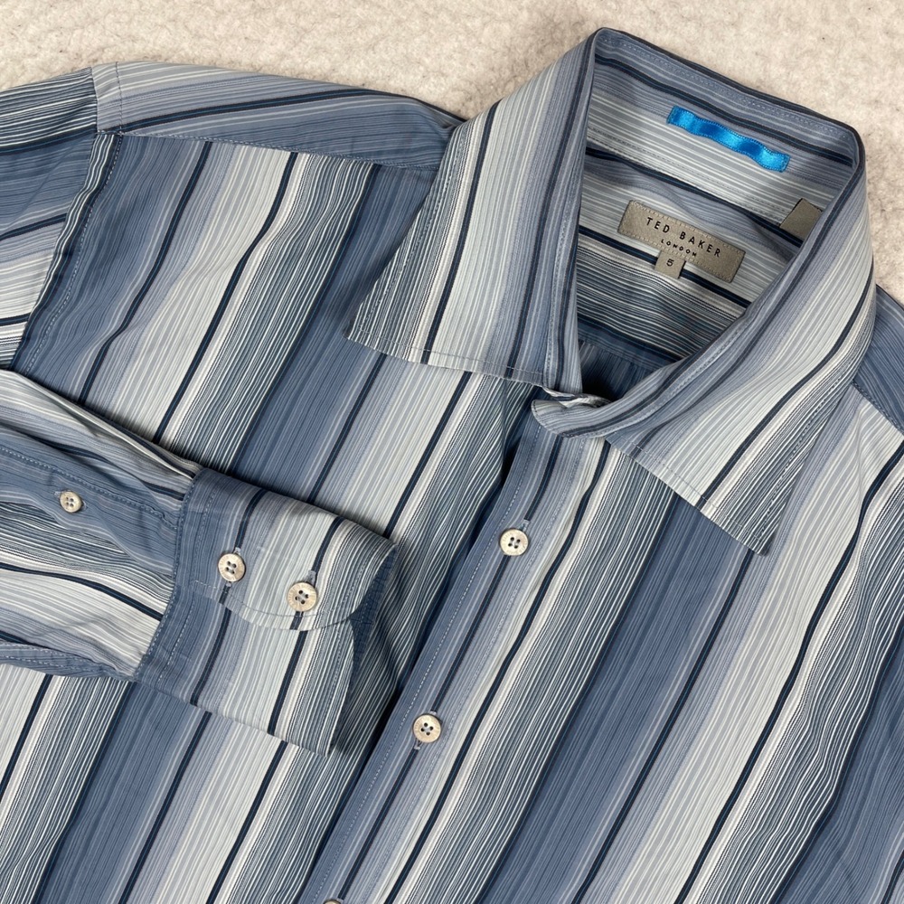 Ted Baker Button Down Shirt Men 5 US XL Blue Striped Long Sleeve Designer Luxury